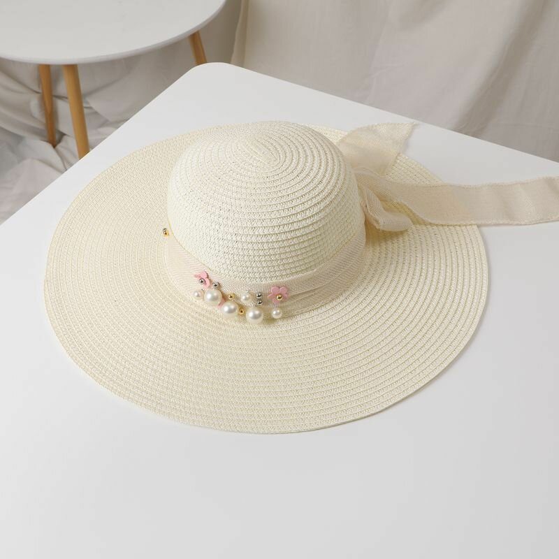 Dame Strå Ensfarge Elegant Big Rim Pearl Bowknot Bølget Kant Visir Solhatt Strandhatt Bøttehatt