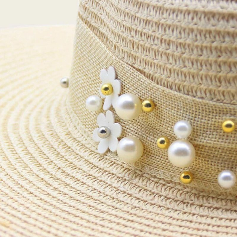 Dame Strå Ensfarge Elegant Big Rim Pearl Bowknot Bølget Kant Visir Solhatt Strandhatt Bøttehatt