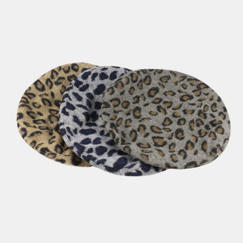 Dame Ull Leopard Varm Retro Maler Hatter Beret Hatter Oktagonal Hatter Flate Hat