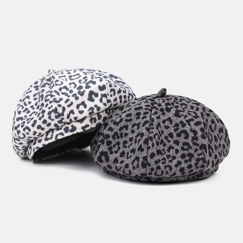 Dame Ull Varm Ung All-match Leopard Mønster Maler Hatter Newsboy Hatter Åttekantet Hatter Beret Hat