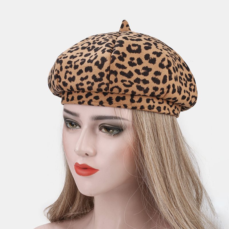 Dame Ull Varm Ung All-match Leopard Mønster Maler Hatter Newsboy Hatter Åttekantet Hatter Beret Hat