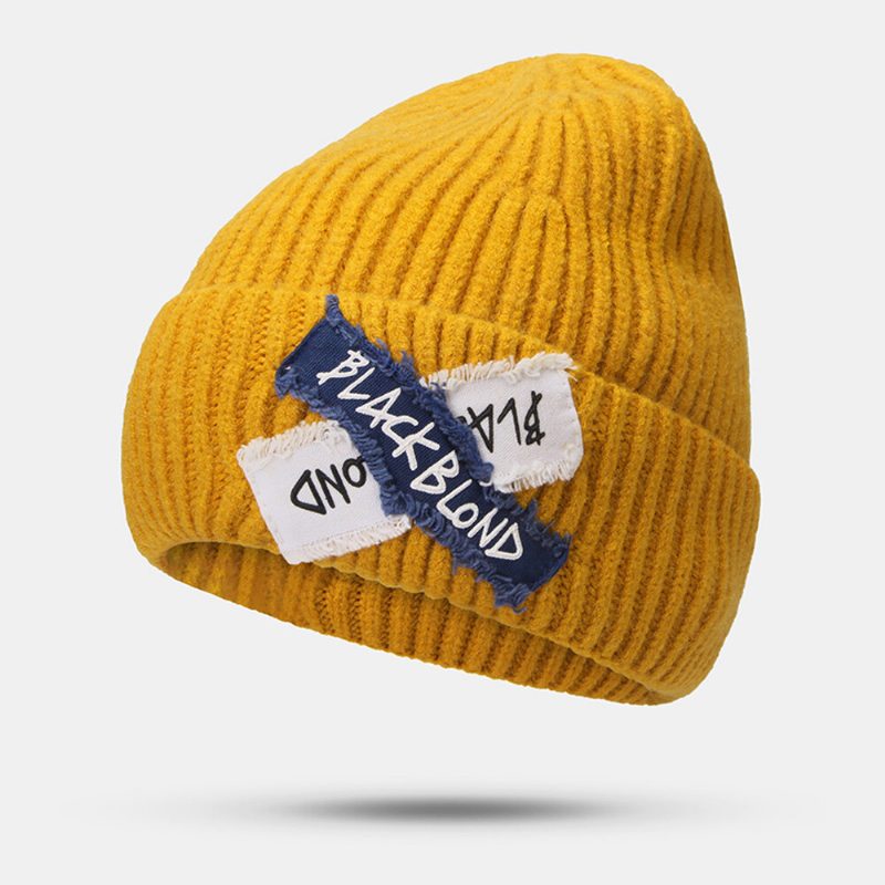 Damestrikket Ensfarge Letter Raw Edge Patch Flensing All-match Warm Beanie Hat