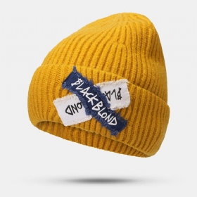 Damestrikket Ensfarge Letter Raw Edge Patch Flensing All-match Warm Beanie Hat