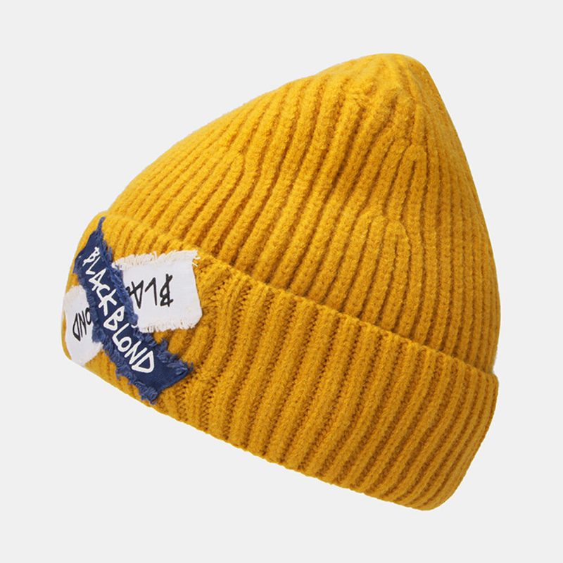 Damestrikket Ensfarge Letter Raw Edge Patch Flensing All-match Warm Beanie Hat