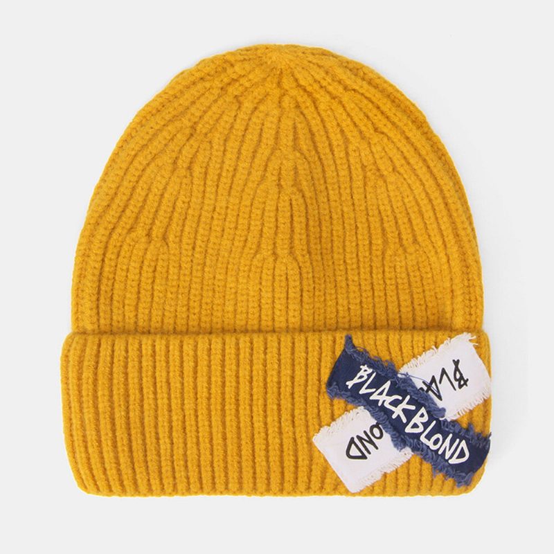 Damestrikket Ensfarge Letter Raw Edge Patch Flensing All-match Warm Beanie Hat