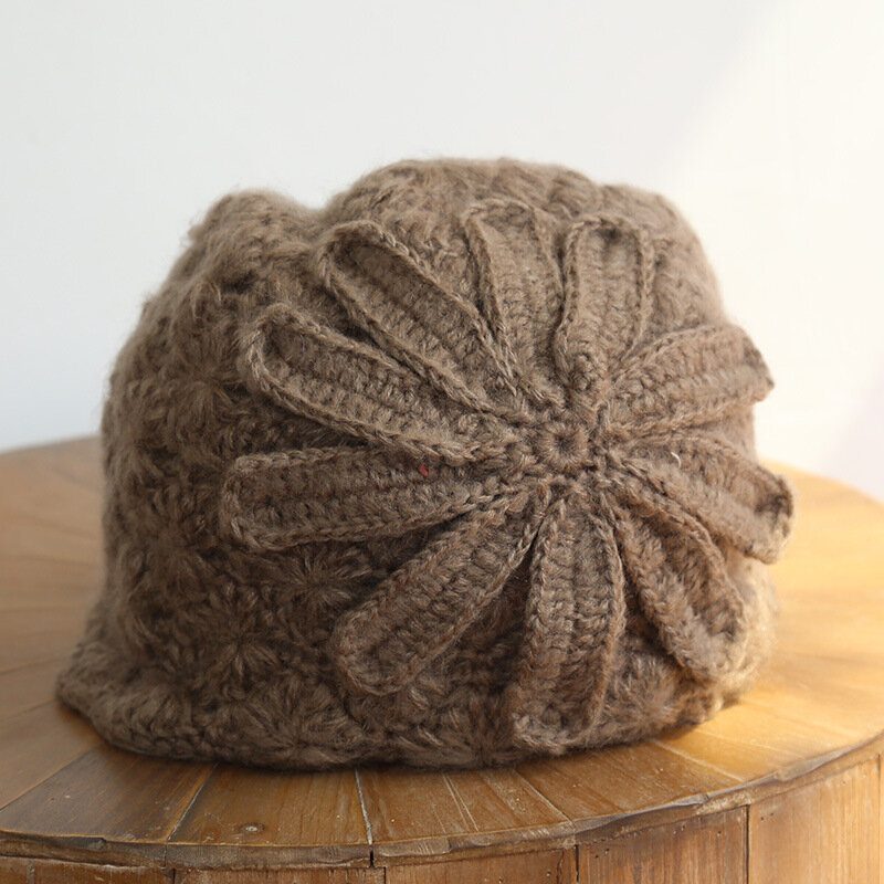 Etnisk Stil Håndlaget Strikket Ulllue Dame Retro Elegant Flower Beret Beanie