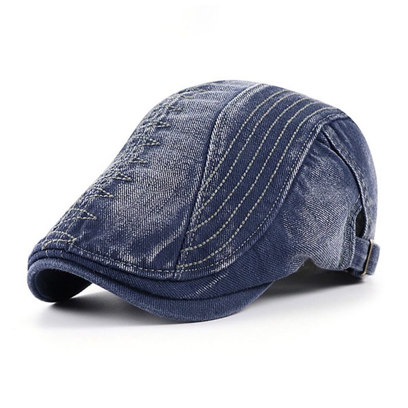 Herre Bomull Brodert Vasket Distressed Casual Visir Edgy Lue Beret Flate Cap