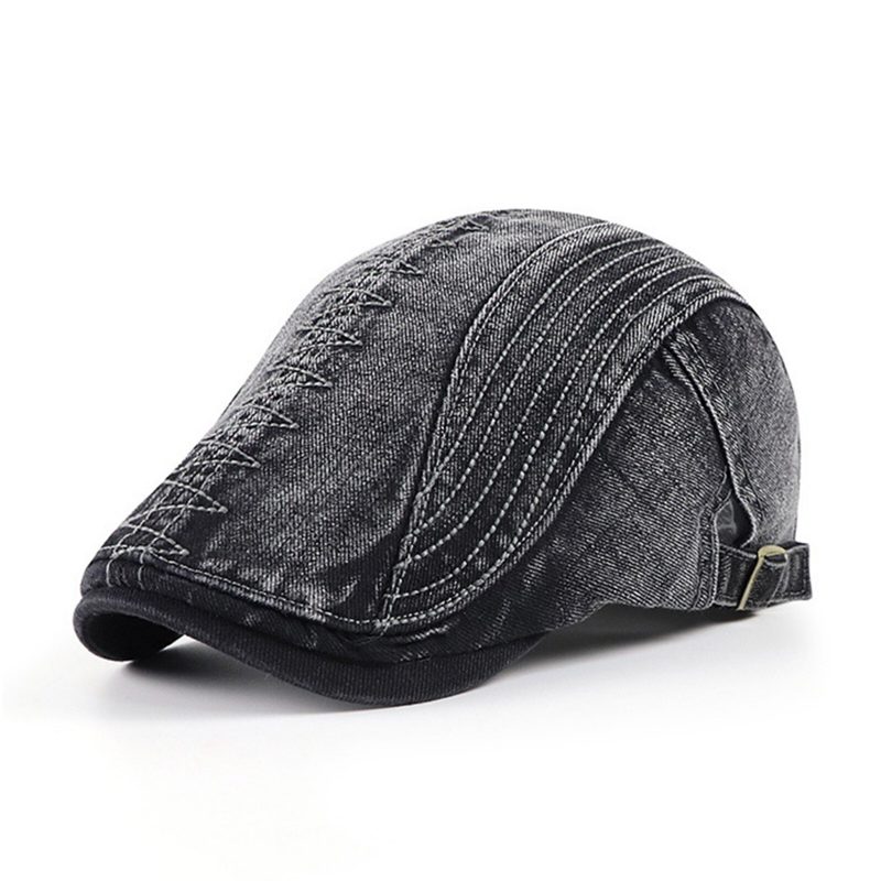 Herre Bomull Brodert Vasket Distressed Casual Visir Edgy Lue Beret Flate Cap