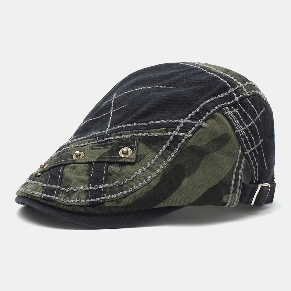 Herre Bomull Kamuflasje Patchwork Metallspenne Solskjerm Beret Cap Forward Cap Flate Hat