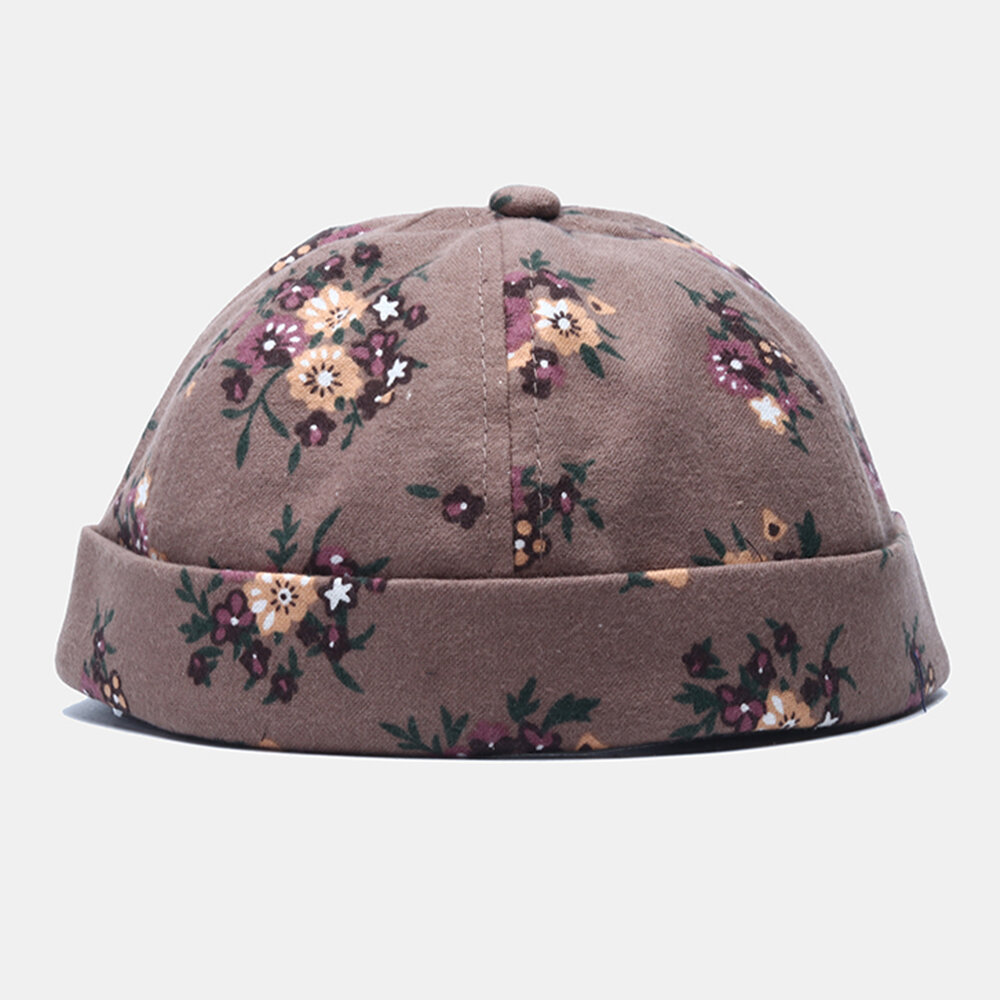 Herre Bomullsblomstermønster Justerbar Retro Casual Crimping Beanie Landlord Cap Skull Cap