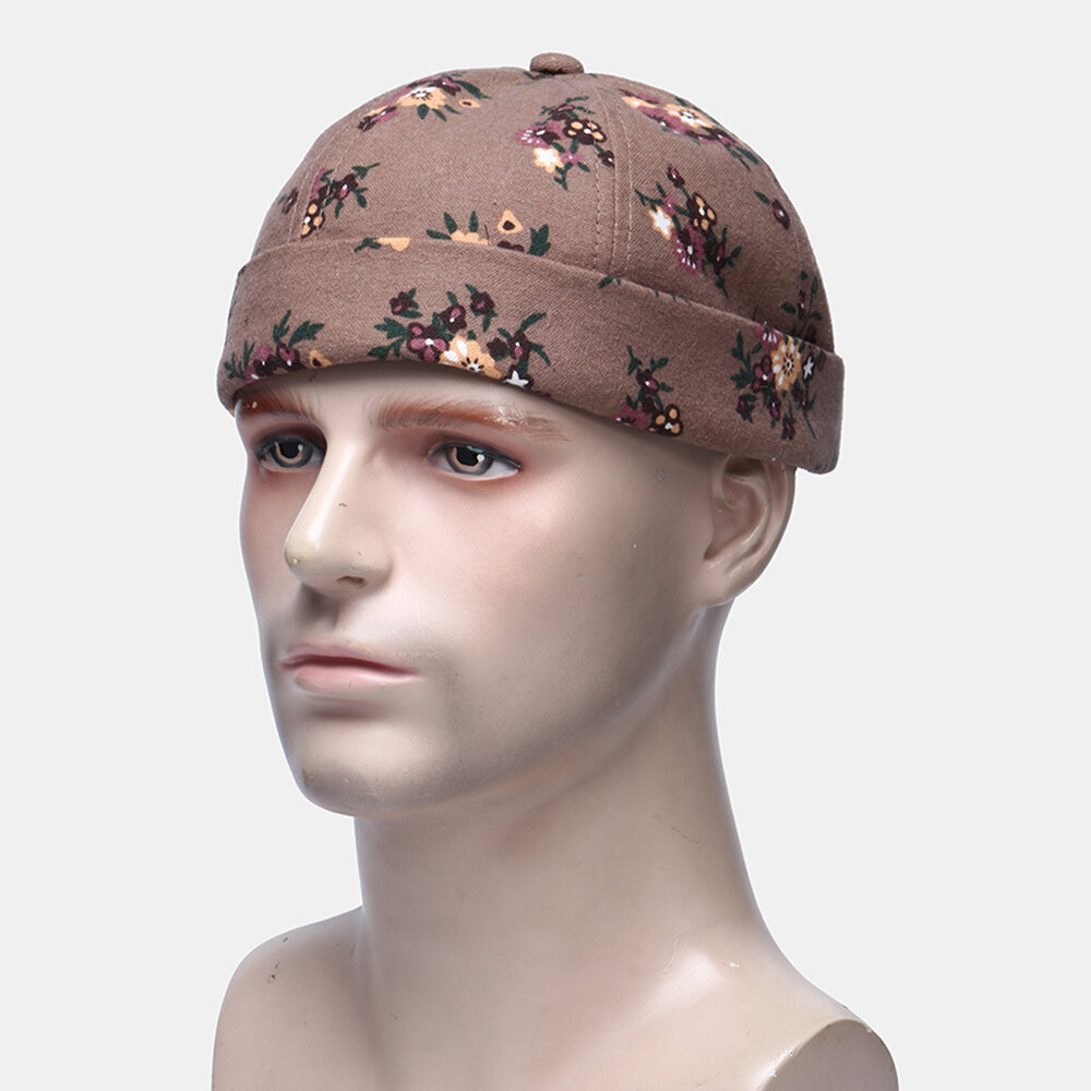 Herre Bomullsblomstermønster Justerbar Retro Casual Crimping Beanie Landlord Cap Skull Cap