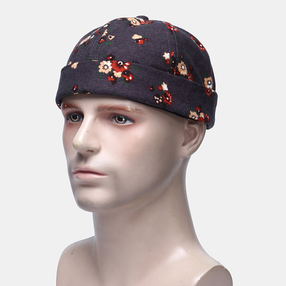 Herre Bomullsblomstermønster Justerbar Retro Casual Crimping Beanie Landlord Cap Skull Cap