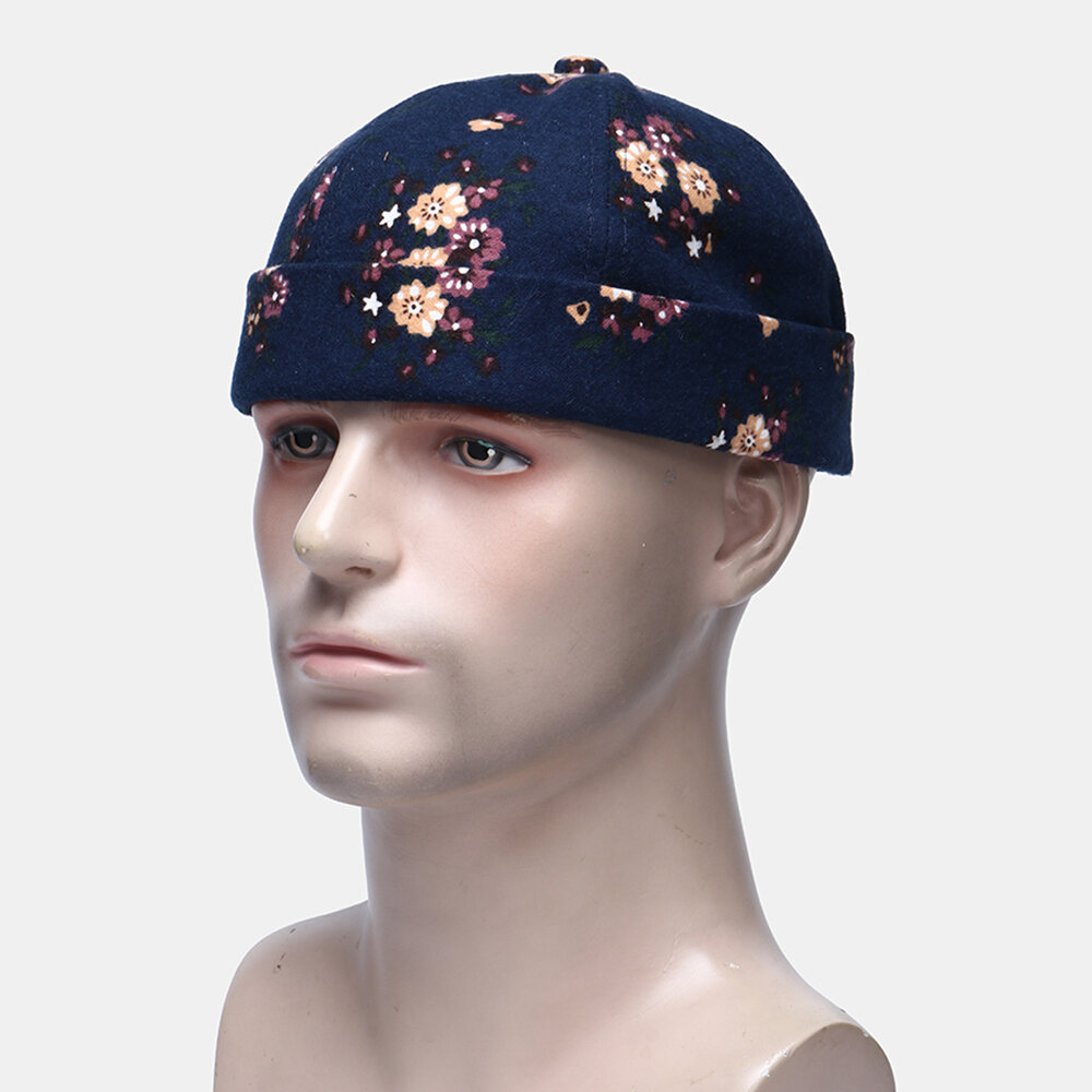 Herre Bomullsblomstermønster Justerbar Retro Casual Crimping Beanie Landlord Cap Skull Cap