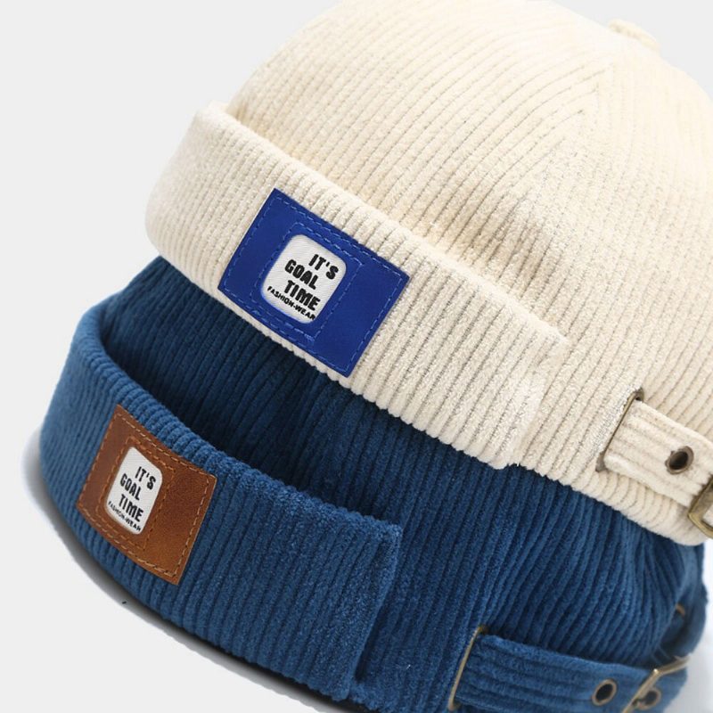 Herre Corduroy Brevetikett Justerbar Utleier Lue Retro Stre Varme Solskjerm Brimless Beanie Skull Cap