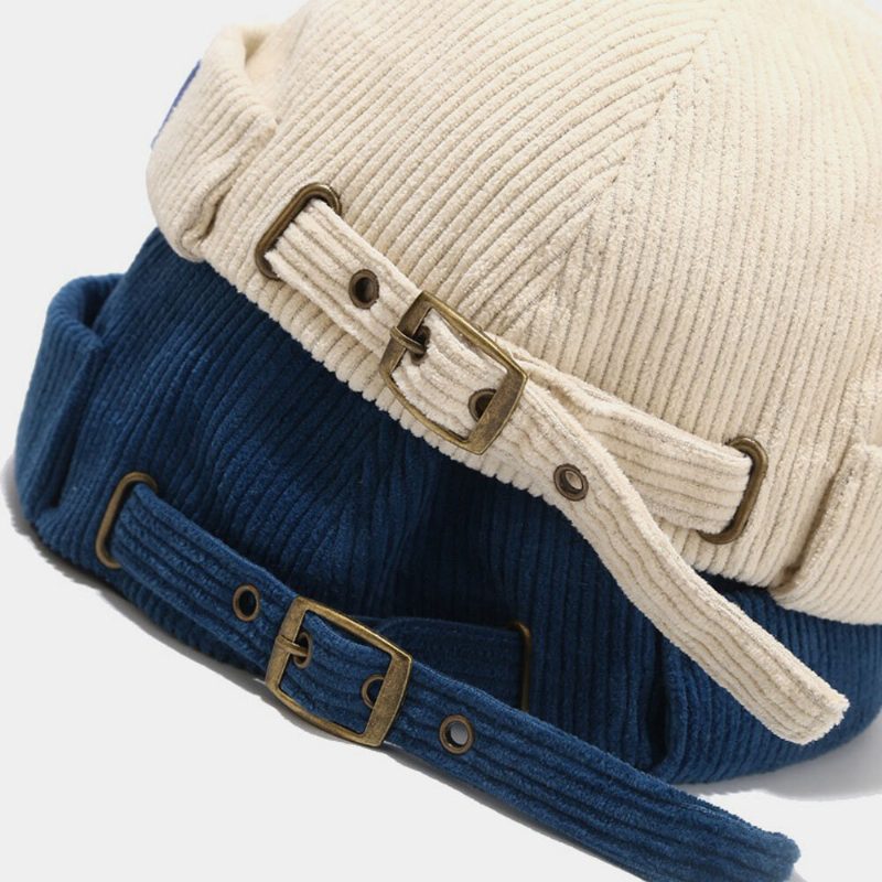 Herre Corduroy Brevetikett Justerbar Utleier Lue Retro Stre Varme Solskjerm Brimless Beanie Skull Cap