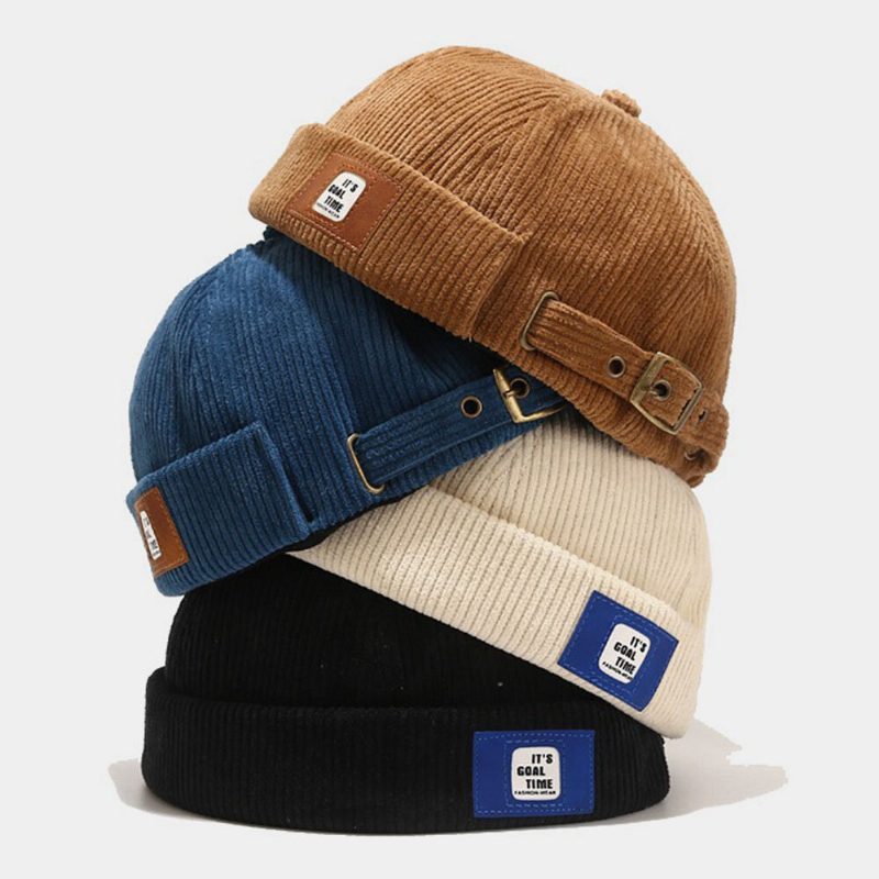 Herre Corduroy Brevetikett Justerbar Utleier Lue Retro Stre Varme Solskjerm Brimless Beanie Skull Cap