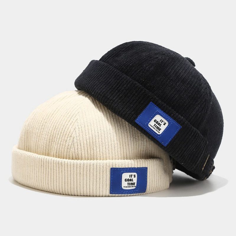 Herre Corduroy Brevetikett Justerbar Utleier Lue Retro Stre Varme Solskjerm Brimless Beanie Skull Cap