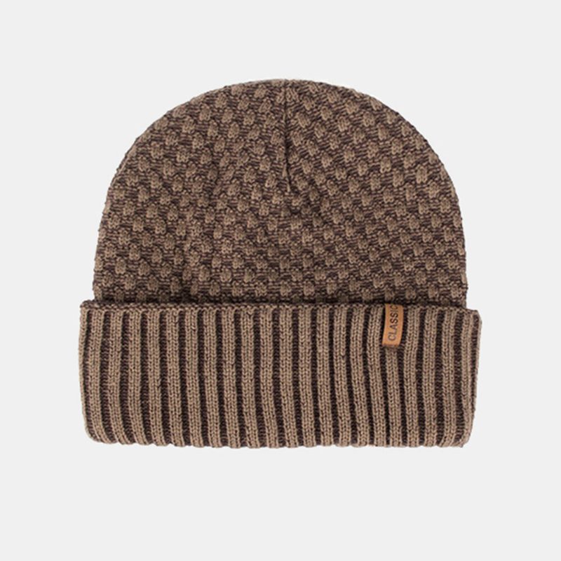 Herre Ensfarge Geometrisk Jacquard Strikket Lue Uformell Akryl Pluss Fløyel Varm Brimless Beanie Hat