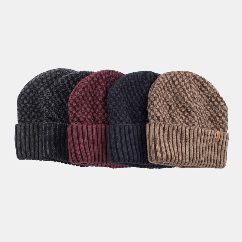 Herre Ensfarge Geometrisk Jacquard Strikket Lue Uformell Akryl Pluss Fløyel Varm Brimless Beanie Hat