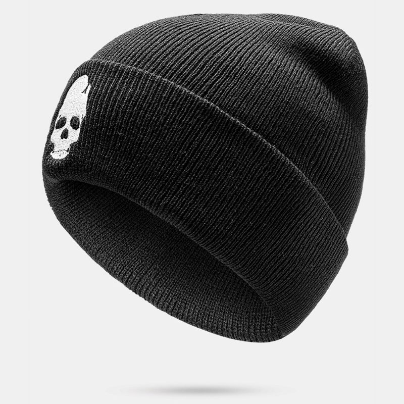 Herre Ensfarget Hodeskalle Broderimønster Strikket Lue Mote Ørebeskyttelse Varm Brimless Beanie Utleier Cap Skull Cap