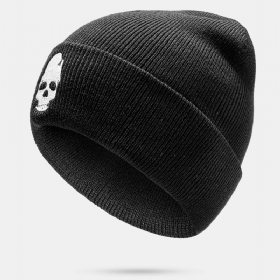 Herre Ensfarget Hodeskalle Broderimønster Strikket Lue Mote Ørebeskyttelse Varm Brimless Beanie Utleier Cap Skull Cap