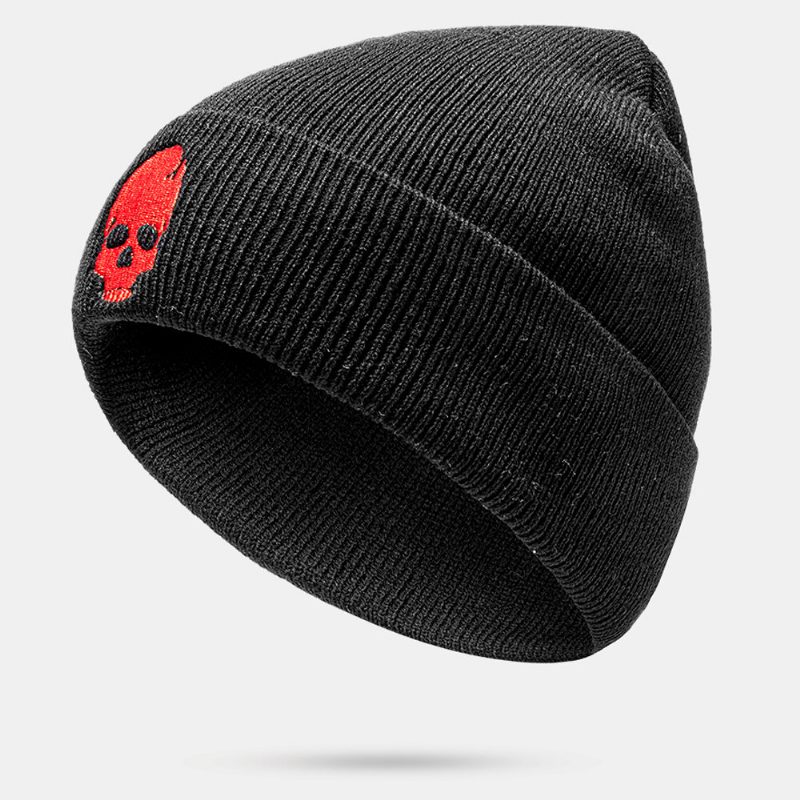 Herre Ensfarget Hodeskalle Broderimønster Strikket Lue Mote Ørebeskyttelse Varm Brimless Beanie Utleier Cap Skull Cap