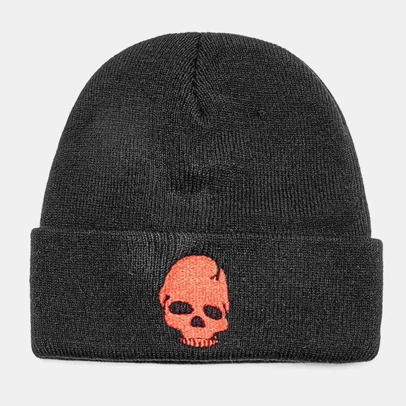 Herre Ensfarget Hodeskalle Broderimønster Strikket Lue Mote Ørebeskyttelse Varm Brimless Beanie Utleier Cap Skull Cap