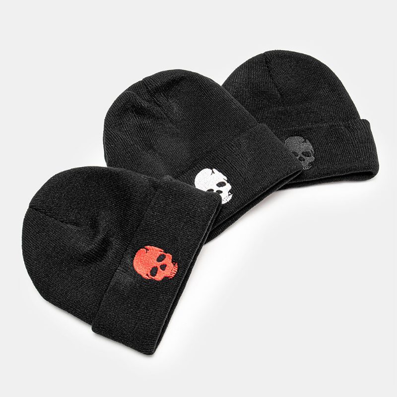 Herre Ensfarget Hodeskalle Broderimønster Strikket Lue Mote Ørebeskyttelse Varm Brimless Beanie Utleier Cap Skull Cap