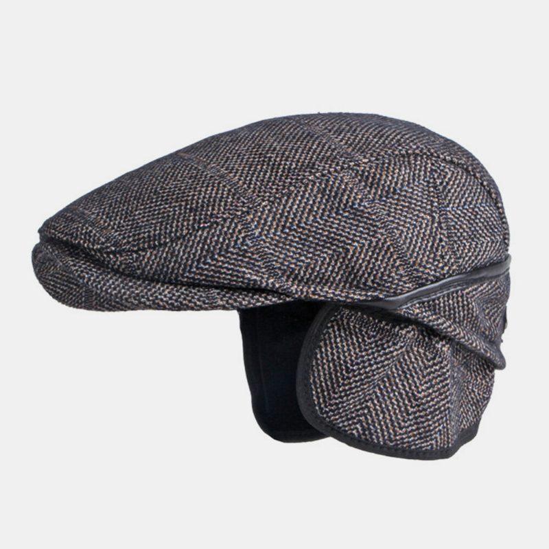 Herre Ensfarget Ørebeskyttelse Ørebeskyttelse Design Vindtett Flate Hatter Britisk Retro Thicken Warm Beret Cap Forward Hat