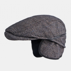 Herre Ensfarget Ørebeskyttelse Ørebeskyttelse Design Vindtett Flate Hatter Britisk Retro Thicken Warm Beret Cap Forward Hat