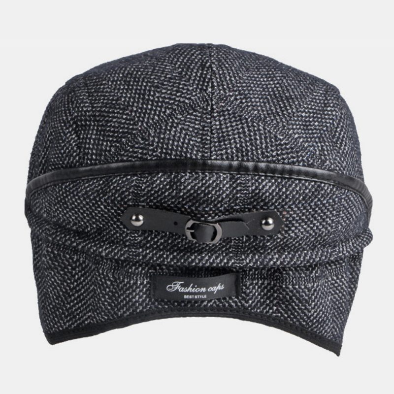 Herre Ensfarget Ørebeskyttelse Ørebeskyttelse Design Vindtett Flate Hatter Britisk Retro Thicken Warm Beret Cap Forward Hat