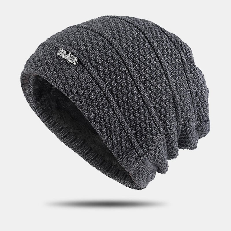 Herre Ensfarget Stripete Lue Pluss Velvet Thicken Outdoor Warmth Brimless Beanie Hat