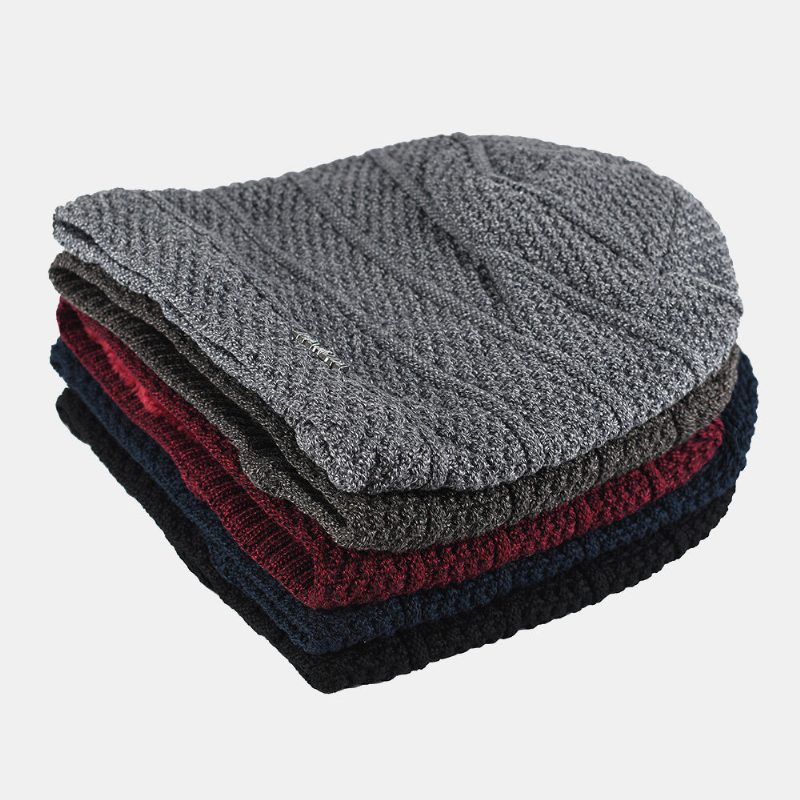 Herre Ensfarget Stripete Lue Pluss Velvet Thicken Outdoor Warmth Brimless Beanie Hat