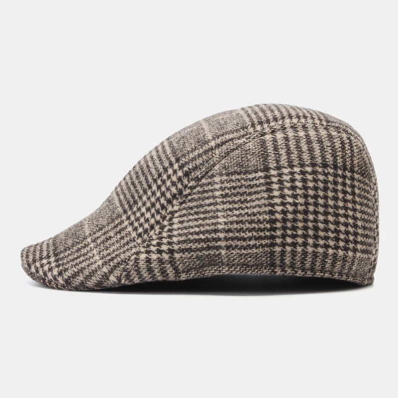 Herre Ullfilt Sildebein Gittermønster Flate Cap Outdoor Casual Varme Beret Cap