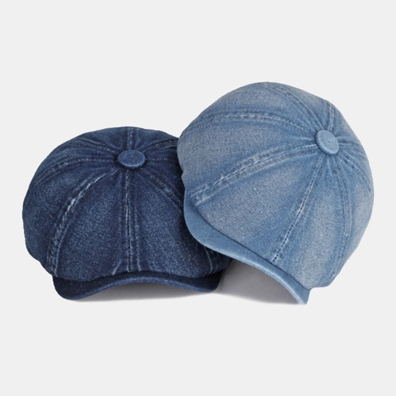 Herre Vasket Denim Rygg Elastisk Bånd Design Justerbar Åttekantet Lue Britisk Retro Kort Bremmet Newsboy-hatt Flate Lue Malerhatt