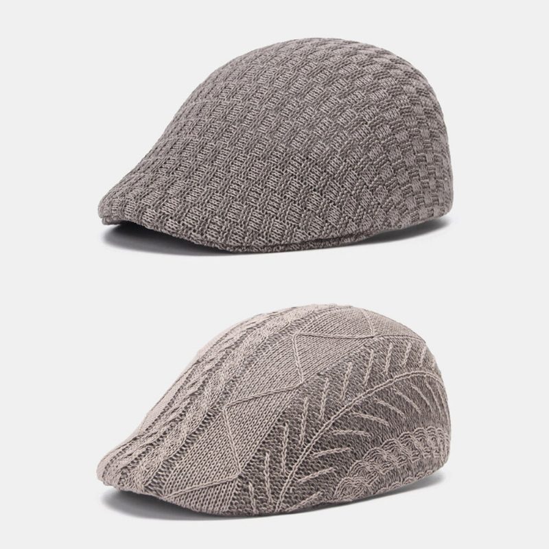 Herrestrikket Ensfarge Feiljusterte Striper Vrimønster Jacquard Uformell Varm Beret Flate Cap