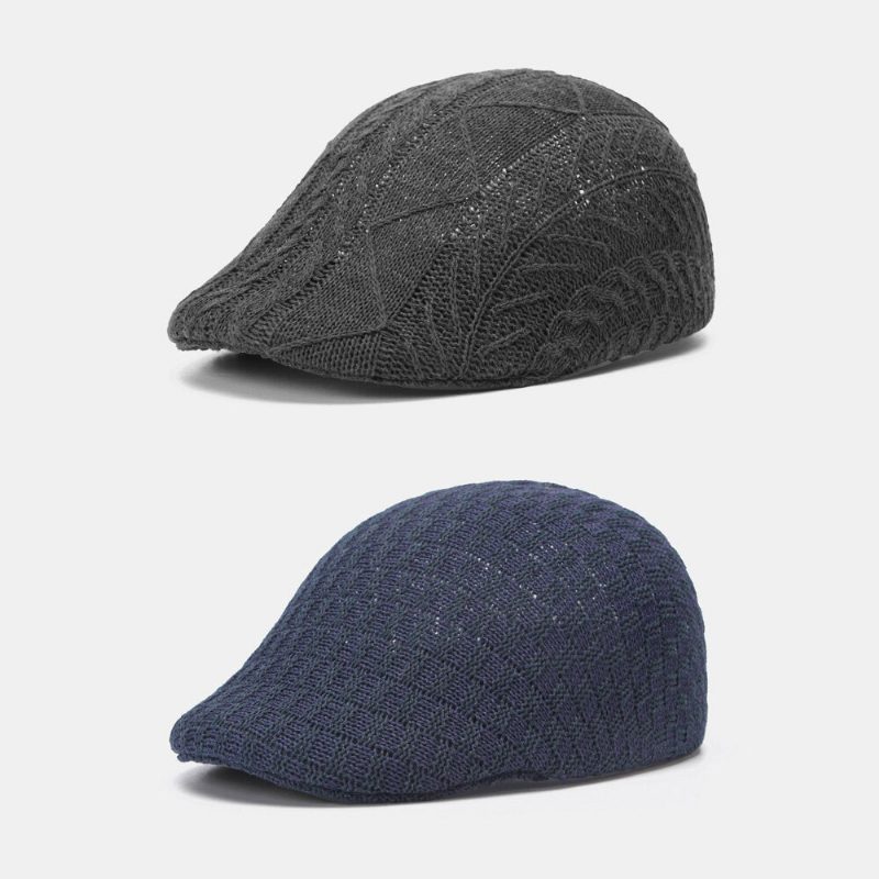 Herrestrikket Ensfarge Feiljusterte Striper Vrimønster Jacquard Uformell Varm Beret Flate Cap