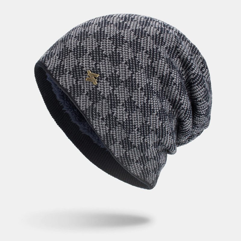 Herrestrikket Pluss Fløyelsgitter Jacquard Letter Iron Label Brimless Beanie Hat