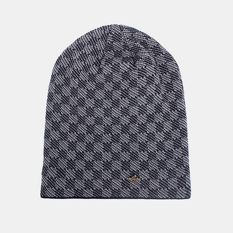 Herrestrikket Pluss Fløyelsgitter Jacquard Letter Iron Label Brimless Beanie Hat