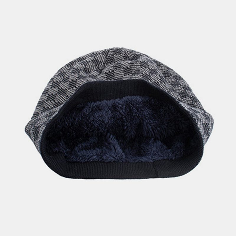 Herrestrikket Pluss Fløyelsgitter Jacquard Letter Iron Label Brimless Beanie Hat