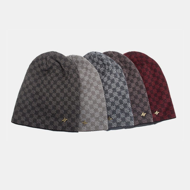 Herrestrikket Pluss Fløyelsgitter Jacquard Letter Iron Label Brimless Beanie Hat