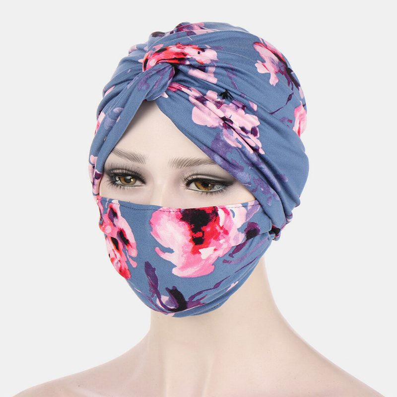 Knorte Luehattmaskesett For Menn Polyester Blomsterblader Tie-dye Leopardmønstertrykk Anti-kveleknapp Pustende Turbanhatt