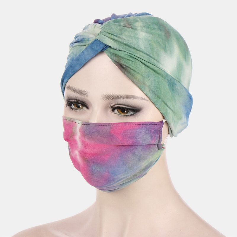 Knorte Luehattmaskesett For Menn Polyester Blomsterblader Tie-dye Leopardmønstertrykk Anti-kveleknapp Pustende Turbanhatt