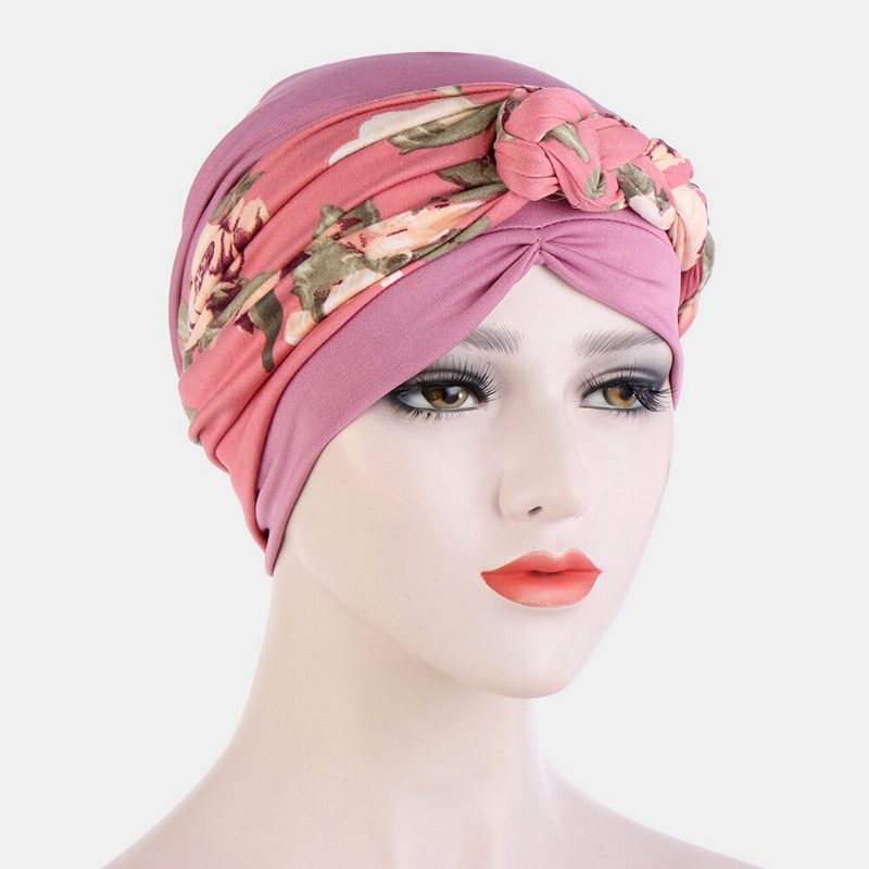 Knyttet Flette Luehatt For Kvinner Polyester Blomsterblader Leopardmønstertrykk Pustende Turbanhatt