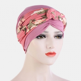 Knyttet Flette Luehatt For Kvinner Polyester Blomsterblader Leopardmønstertrykk Pustende Turbanhatt