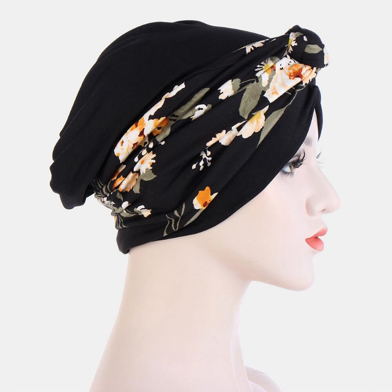 Knyttet Flette Luehatt For Kvinner Polyester Blomsterblader Leopardmønstertrykk Pustende Turbanhatt