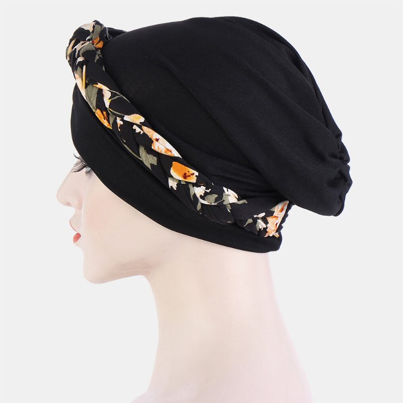 Knyttet Flette Luehatt For Kvinner Polyester Blomsterblader Leopardmønstertrykk Pustende Turbanhatt