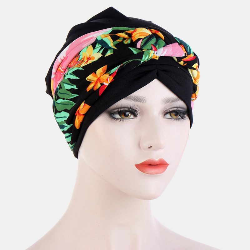 Knyttet Flette Luehatt For Kvinner Polyester Blomsterblader Leopardmønstertrykk Pustende Turbanhatt