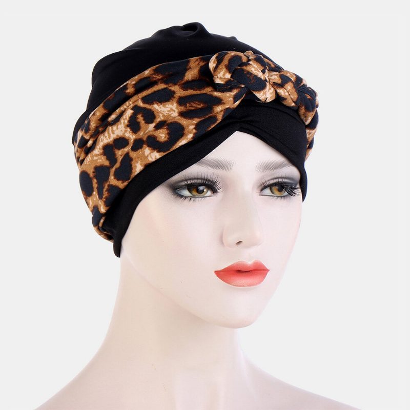 Knyttet Flette Luehatt For Kvinner Polyester Blomsterblader Leopardmønstertrykk Pustende Turbanhatt