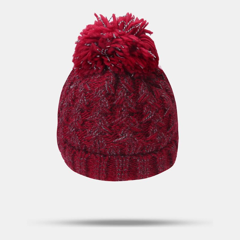 Kvinner Blandet Farge Strikket Plus Velvet Thicken Fluffy Ball Varme Ørebeskyttelse Beanie Hat